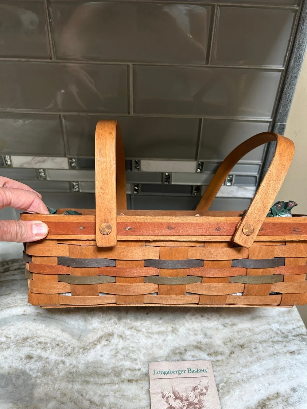 Longaberger 1997 Double Handle  Small Gathering Basket &Green Floral Lining 14”